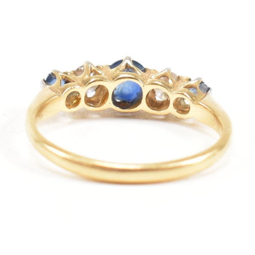 18 - An 18ct gold sapphire and diamond five stone ring. Estimated diamond weight 0.20ct. Weight 2.6g. Siz... 