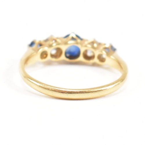 18 - An 18ct gold sapphire and diamond five stone ring. Estimated diamond weight 0.20ct. Weight 2.6g. Siz... 