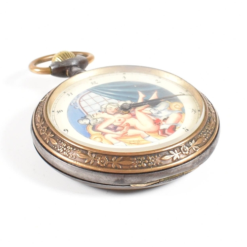 186 - A  large Swiss erotic open face crown wind pocket watch. The painted dial depicting figures in a bed... 