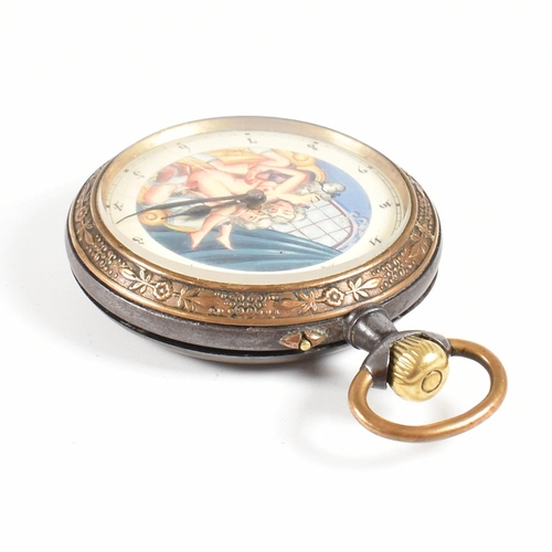 186 - A  large Swiss erotic open face crown wind pocket watch. The painted dial depicting figures in a bed... 