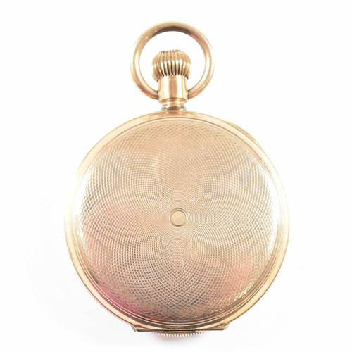 191 - An early 20th century gold plated full hunted pocket watch. The case being engine turned with cartou... 