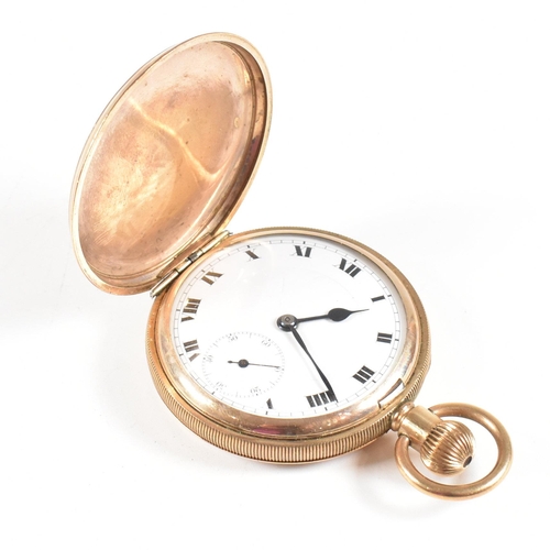 191 - An early 20th century gold plated full hunted pocket watch. The case being engine turned with cartou... 