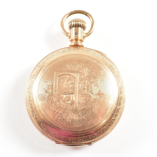 199 - American Waltham Watch Co full hunter pocket watch.  Gold plated chased decorated cast with crown wi... 