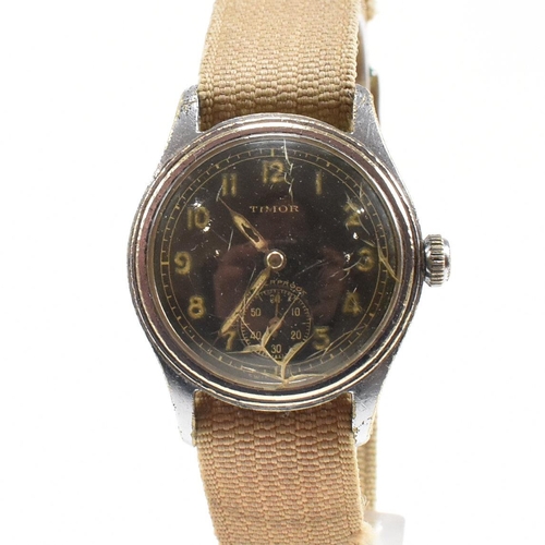 200 - A military issue Timor black faced wristwatch. Arabic numeral dial with secondary seconds dial at th... 