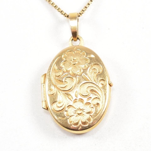 204 - A hallmarked 9ct gold locket pendant necklace. The locket having flower decoration strung on a fine ... 