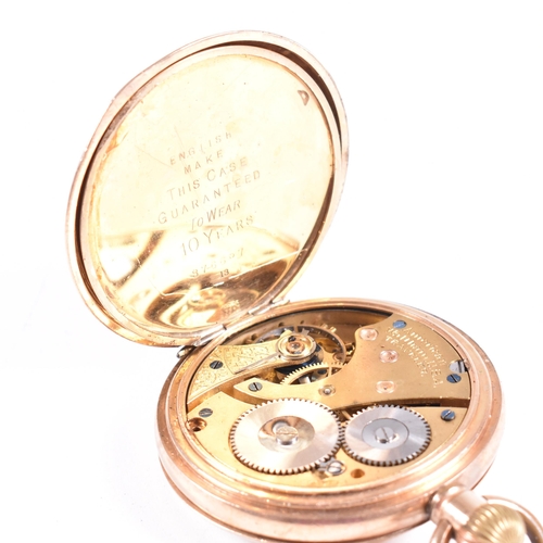 216 - American Waltham Traveler half hunter pocket watch.  Gold plated Star case with crown wind keyless m... 