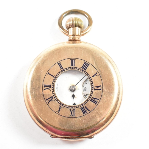 216 - American Waltham Traveler half hunter pocket watch.  Gold plated Star case with crown wind keyless m... 