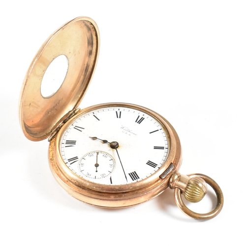 216 - American Waltham Traveler half hunter pocket watch.  Gold plated Star case with crown wind keyless m... 