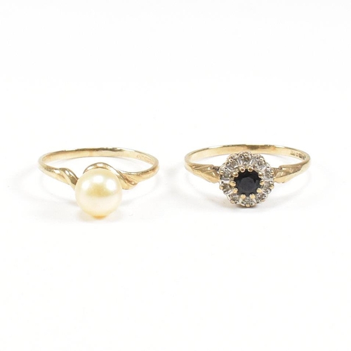 217 - Two hallmarked 9ct gold rings. A pearl set ring and a sapphire and diamond cluster ring. Weight 3g. ... 