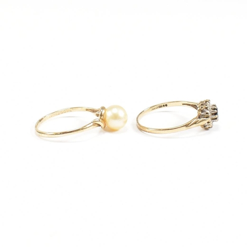 217 - Two hallmarked 9ct gold rings. A pearl set ring and a sapphire and diamond cluster ring. Weight 3g. ... 