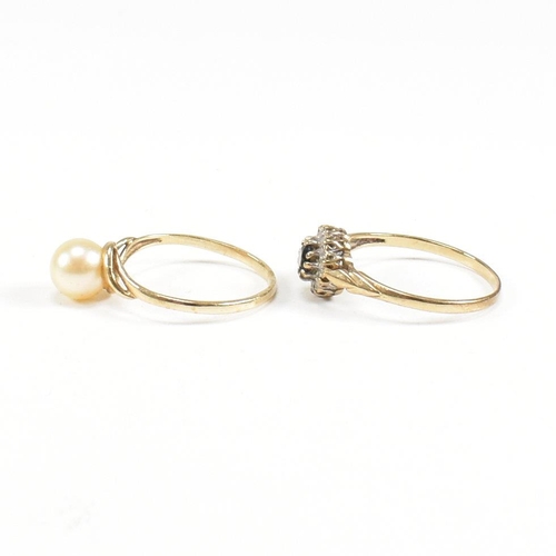 217 - Two hallmarked 9ct gold rings. A pearl set ring and a sapphire and diamond cluster ring. Weight 3g. ... 