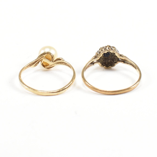 217 - Two hallmarked 9ct gold rings. A pearl set ring and a sapphire and diamond cluster ring. Weight 3g. ... 