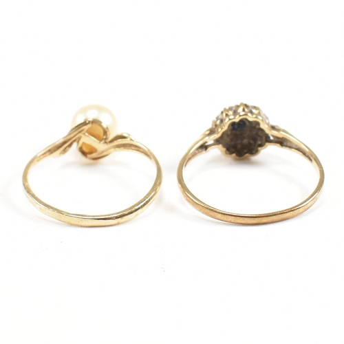 217 - Two hallmarked 9ct gold rings. A pearl set ring and a sapphire and diamond cluster ring. Weight 3g. ... 