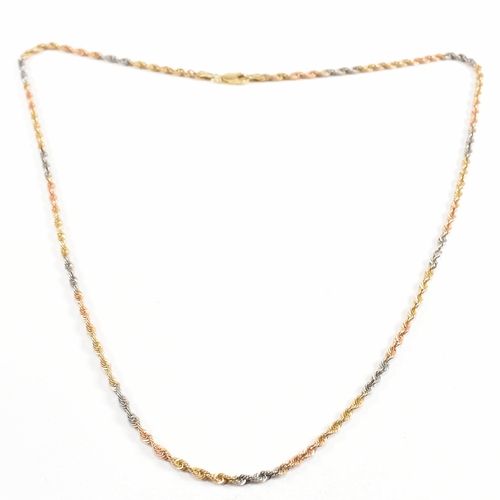 218 - A hallmarked 9ct gold tri colour rope twist chain necklace. Weight 2.5g. Measures 50cm. All weights,... 