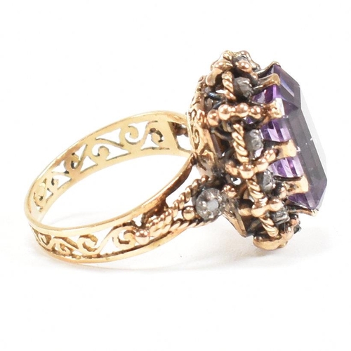 24 - Continental 18ct gold amethyst and diamond dress ring. The ring set with a large step cut amethyst f... 