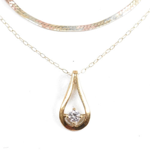 241 - Two hallmarked 9ct gold necklaces. A pendant necklace string with a CZ set pendant. A tri colour gol... 