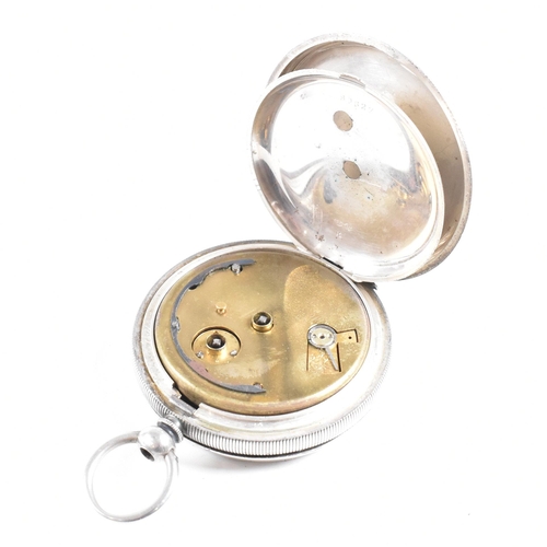 243 - An open faced silver 925 pocket watch  Stamped 925  with inset key wind movement and bale atop. Enam... 