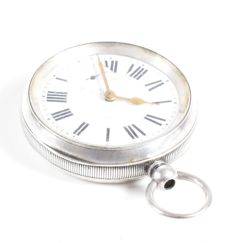 243 - An open faced silver 925 pocket watch  Stamped 925  with inset key wind movement and bale atop. Enam... 