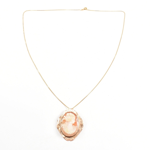 260 - An 18ct gold chain necklace strung with a cameo brooch pin pendant. The Italian box chain marked 750... 