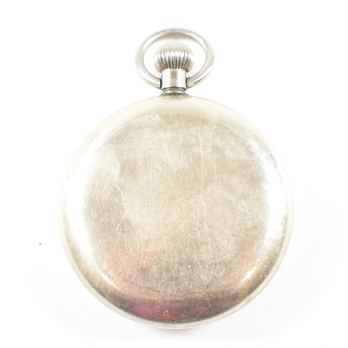 271 - A Moeris military black open faced white metal  pocket watch. White metal case with crown wind and b... 