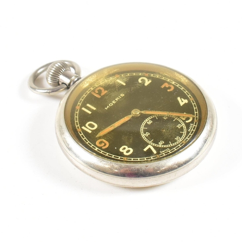 271 - A Moeris military black open faced white metal  pocket watch. White metal case with crown wind and b... 