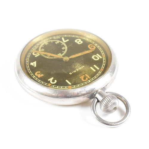 271 - A Moeris military black open faced white metal  pocket watch. White metal case with crown wind and b... 