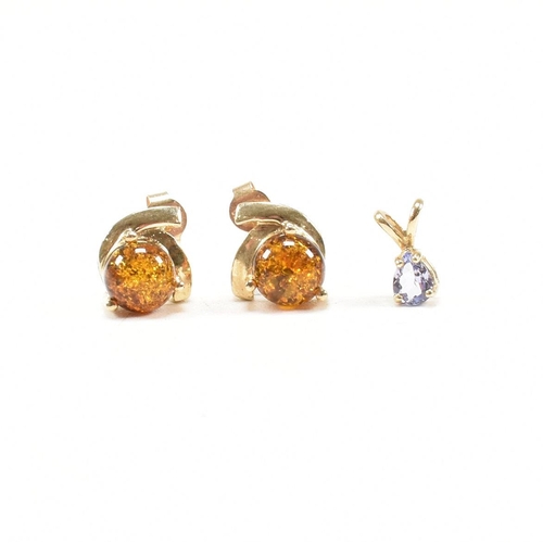 272 - 9ct gold and amber earrings and a tanzanite pendant. The earrings hallmarked for Birmingham. Measure... 