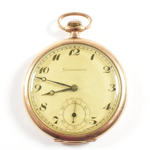 277 - A 9ct gold Grosvenor open faced Swiss pocket watch. Stamped 9 / 375 to the case having crown winder ... 