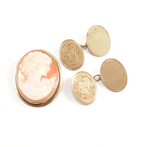 280 - A pair of hallmarked 9ct gold cufflinks an a cameo brooch pin. Cufflinks having oval heads one havin... 