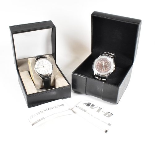 282 - A gent's stainless steel Swiss Master quartz wristwatch in box set to a black leather strap. Togethe... 