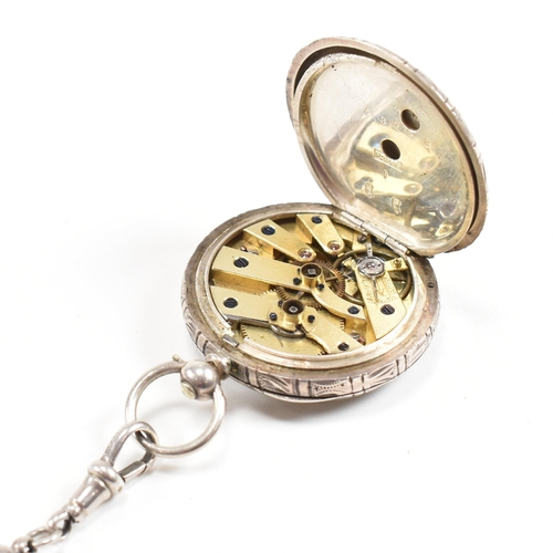 288 - A French silver 935 fob pocket watch. Key wind with gilded decorated enamel dial, Roman numeral chap... 