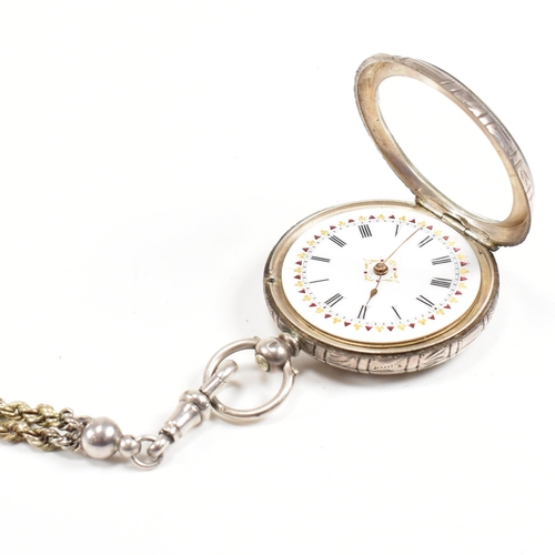 288 - A French silver 935 fob pocket watch. Key wind with gilded decorated enamel dial, Roman numeral chap... 