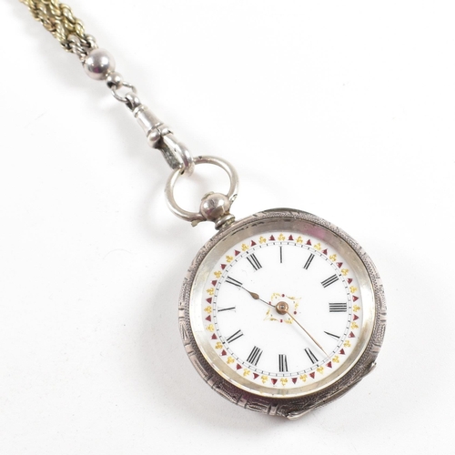 288 - A French silver 935 fob pocket watch. Key wind with gilded decorated enamel dial, Roman numeral chap... 