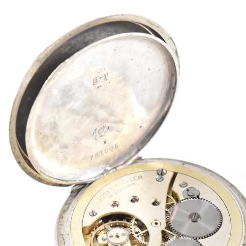 294 - A Josef Muller of Munchen railway timepiece pocket watch. Silver 800 stamped case with monogram cart... 