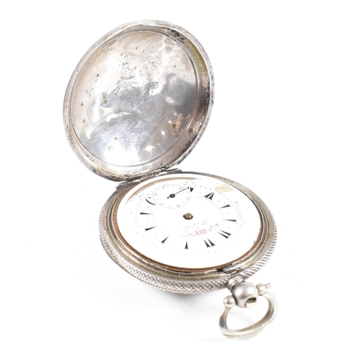 294 - A Josef Muller of Munchen railway timepiece pocket watch. Silver 800 stamped case with monogram cart... 