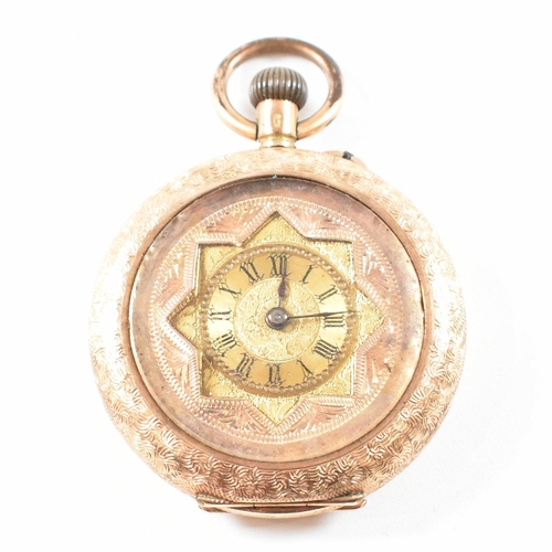 301 - A 14ct gold open faced fob pocket watch. Chase decorated case marked 14K to inner rear. Chase decora... 