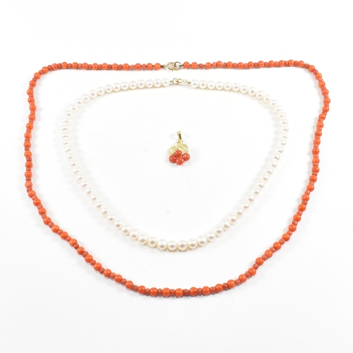 317 - An assortment of coral and pearl jewellery. The jewellery to include a culture pearl bead necklace, ... 