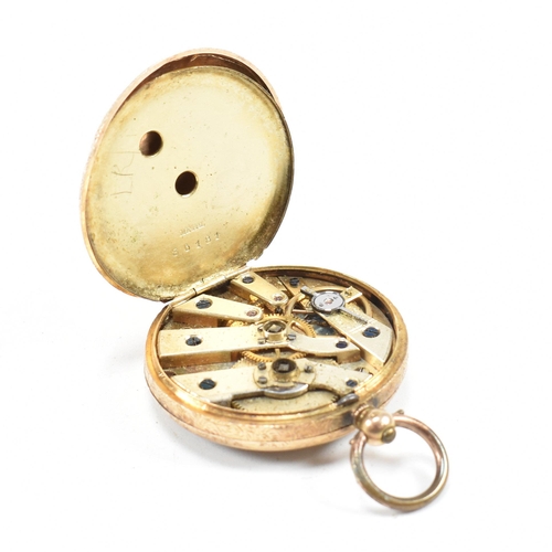 329 - A 14ct gold open faced fob pocket watch. Chase decorated case marked 14K to inner rear, plain cartou... 