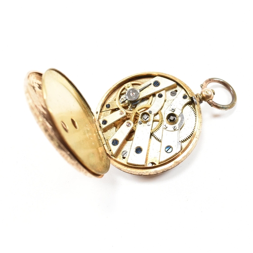 329 - A 14ct gold open faced fob pocket watch. Chase decorated case marked 14K to inner rear, plain cartou... 