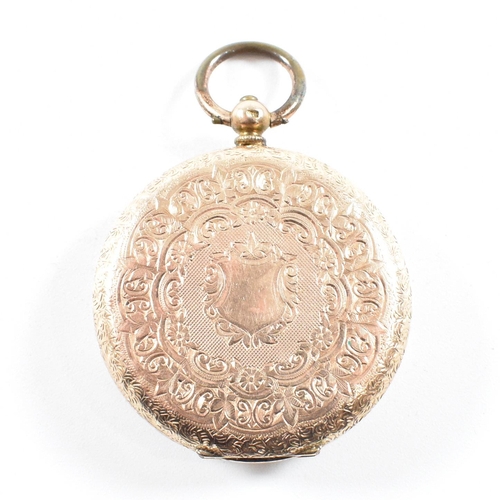 329 - A 14ct gold open faced fob pocket watch. Chase decorated case marked 14K to inner rear, plain cartou... 