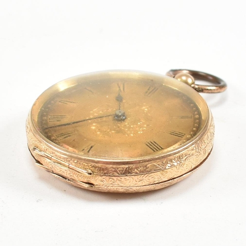 329 - A 14ct gold open faced fob pocket watch. Chase decorated case marked 14K to inner rear, plain cartou... 