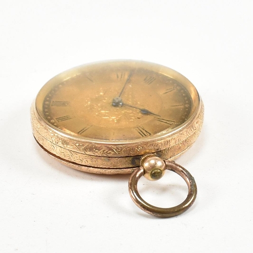 329 - A 14ct gold open faced fob pocket watch. Chase decorated case marked 14K to inner rear, plain cartou... 