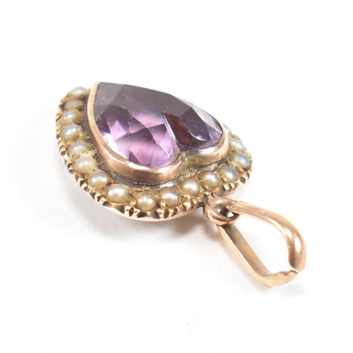 33 - A 19th century gold amethyst and pearl heart necklace pendant. Unmarked tests indicate gold. Weight ... 