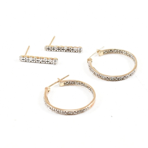 332 - Two pairs of 9ct gold and diamond set earrings. A pair of hallmarked hoop earrings 2cm. A pair of  b... 