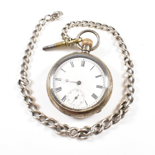 338 - A silver 925 open faced crown wind pocket watch together with albert chain. White enamel dial with R... 