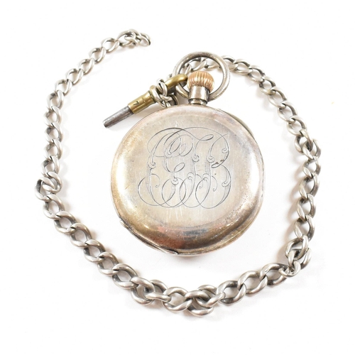 338 - A silver 925 open faced crown wind pocket watch together with albert chain. White enamel dial with R... 