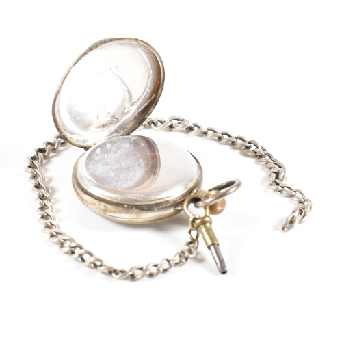 338 - A silver 925 open faced crown wind pocket watch together with albert chain. White enamel dial with R... 