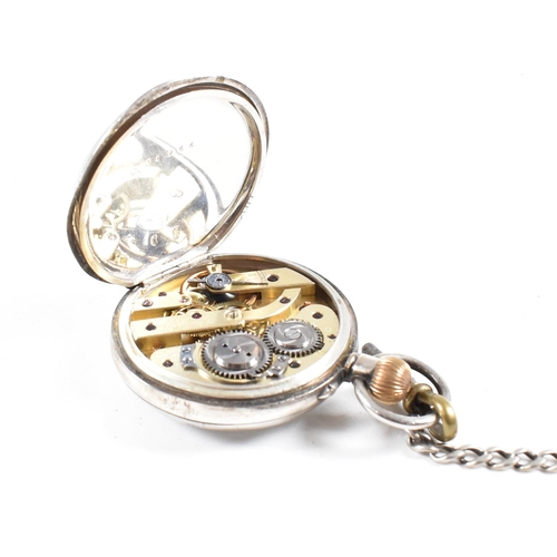 338 - A silver 925 open faced crown wind pocket watch together with albert chain. White enamel dial with R... 