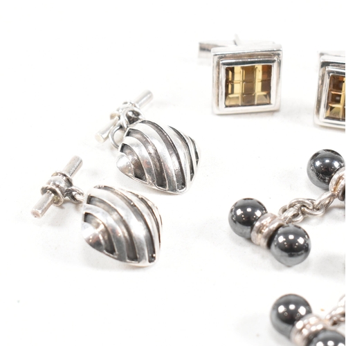 340 - A selection of 925 silver and gem set cufflinks. To include 'Sex Maniac', hematite, quartz . Marked ... 