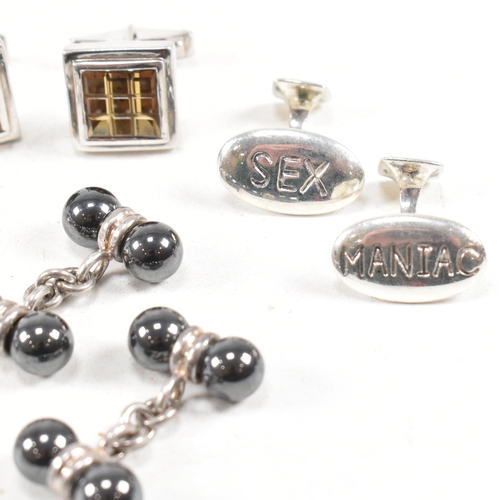 340 - A selection of 925 silver and gem set cufflinks. To include 'Sex Maniac', hematite, quartz . Marked ... 